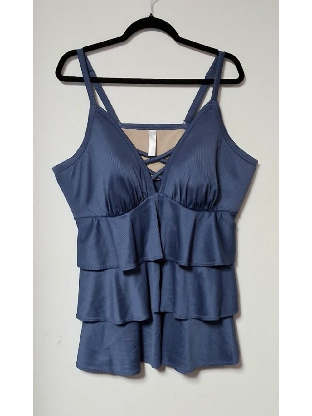 Cacique Swim Blue Ribbed Ruffle Tankini Swim Top Plus Size 26 Lane Bryant